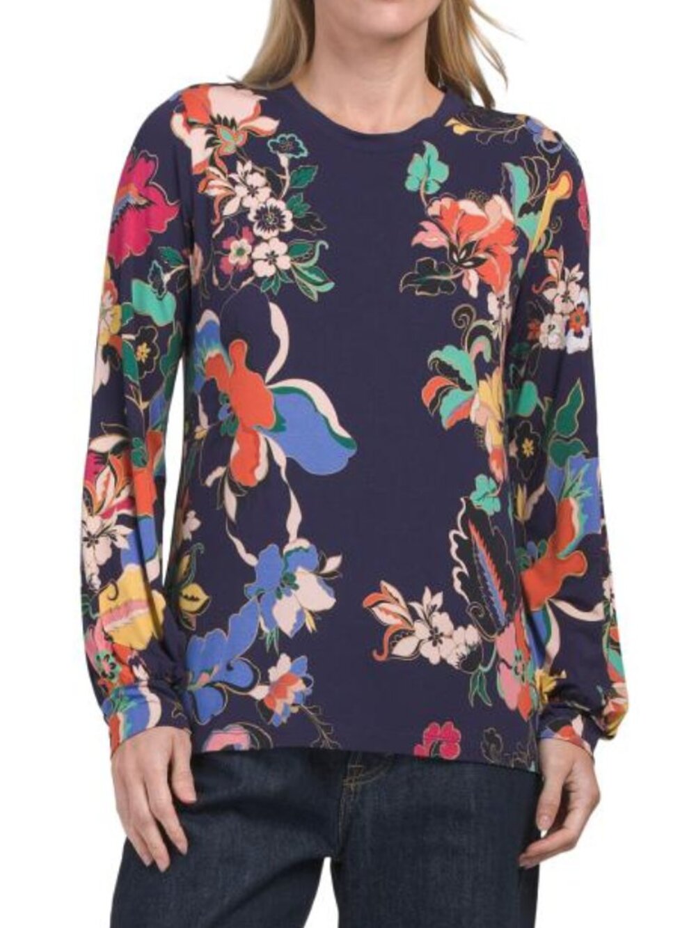 JOHNNY WAS Navy The Janie Favorite Puff Sleeve Crew Neck Top